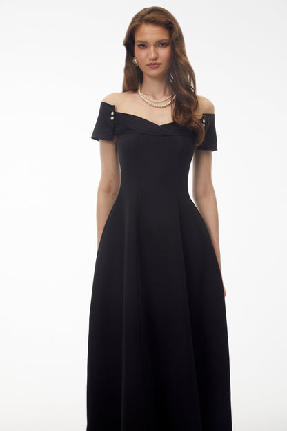 Genevieve Black Off Shoulder Fitted Midi Dress