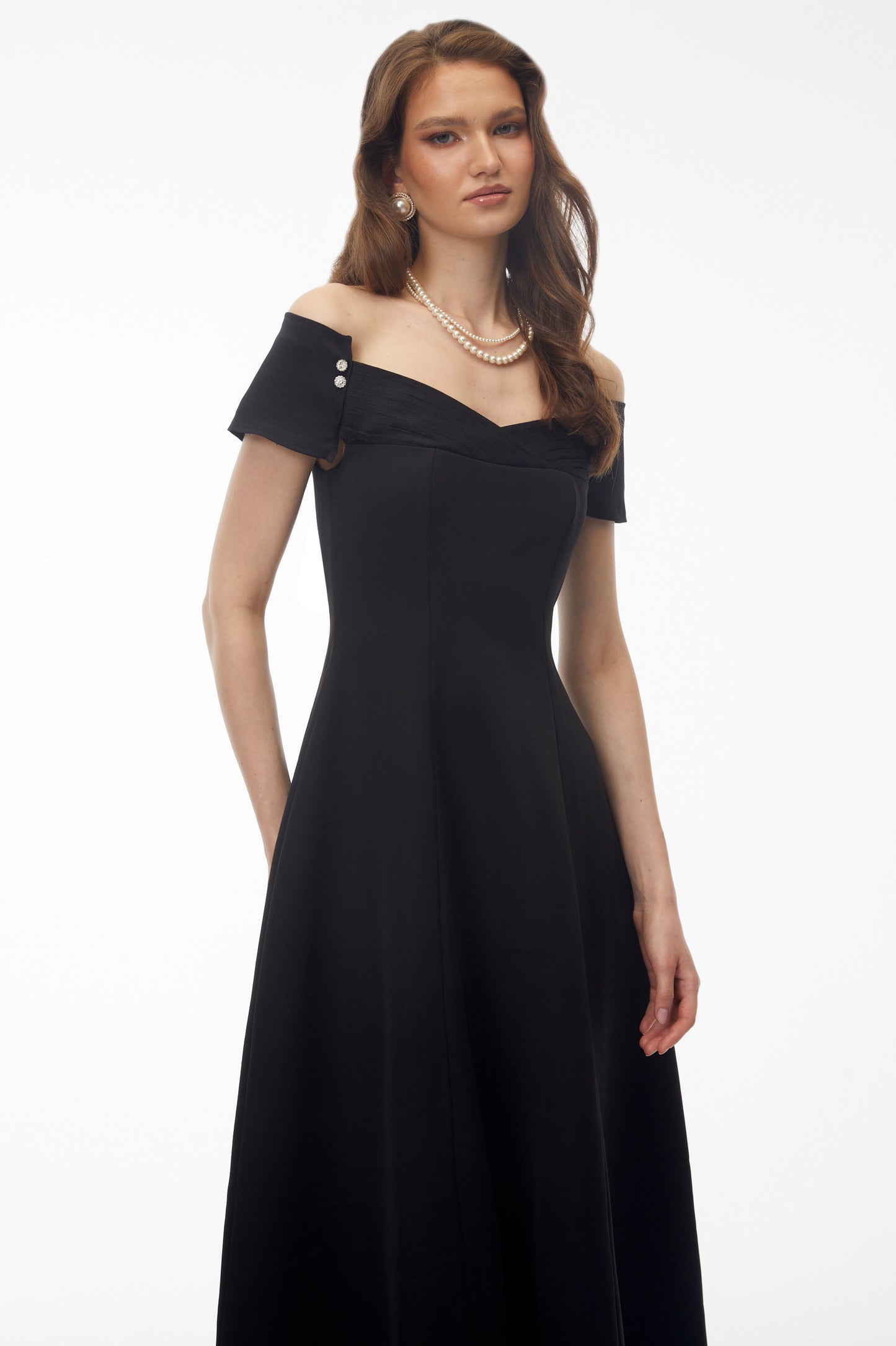 Genevieve Black Off Shoulder Fitted Midi Dress