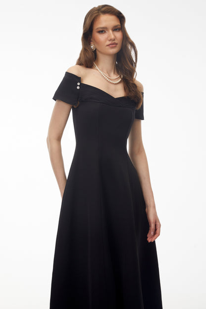 Genevieve Black Off Shoulder Fitted Midi Dress