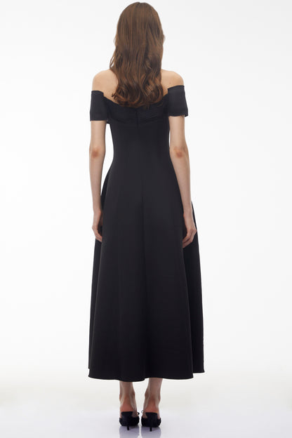 Genevieve Black Off Shoulder Fitted Midi Dress