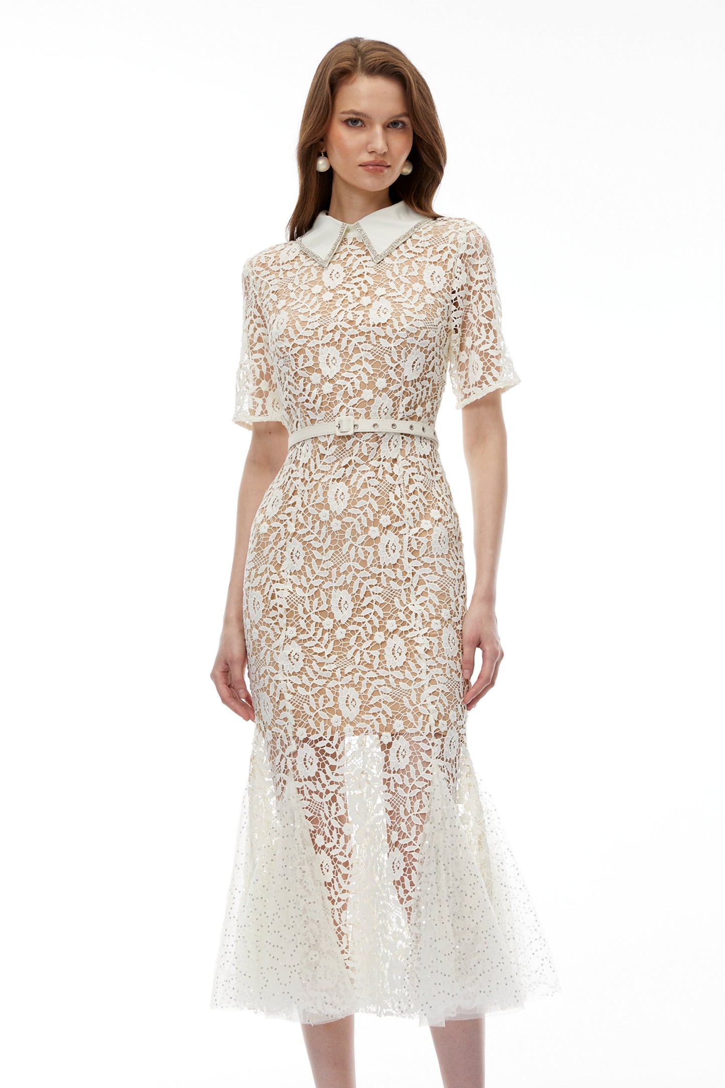 Genevieve Neutral Floral Lace Maxi Dress