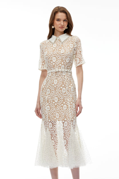 Genevieve Neutral Floral Lace Maxi Dress