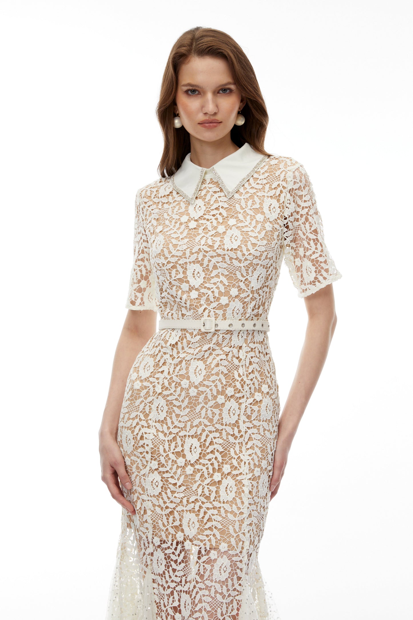 Genevieve Neutral Floral Lace Maxi Dress