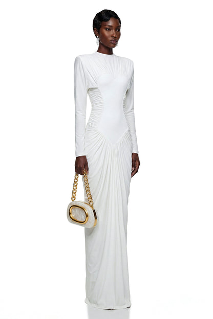 Genevra White Crystal Embellished Ruched Maxi Dress