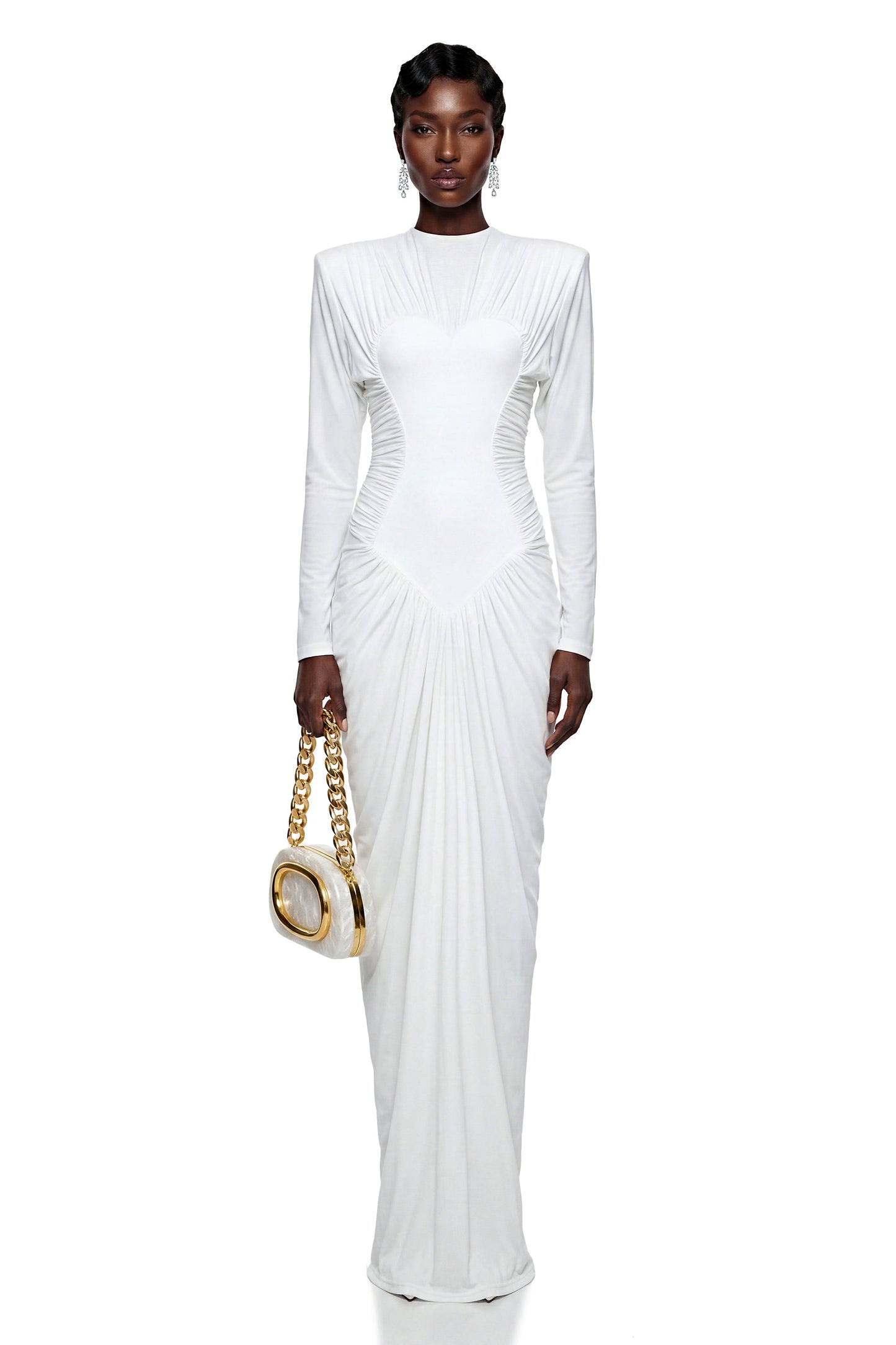 Genevra White Crystal Embellished Ruched Maxi Dress