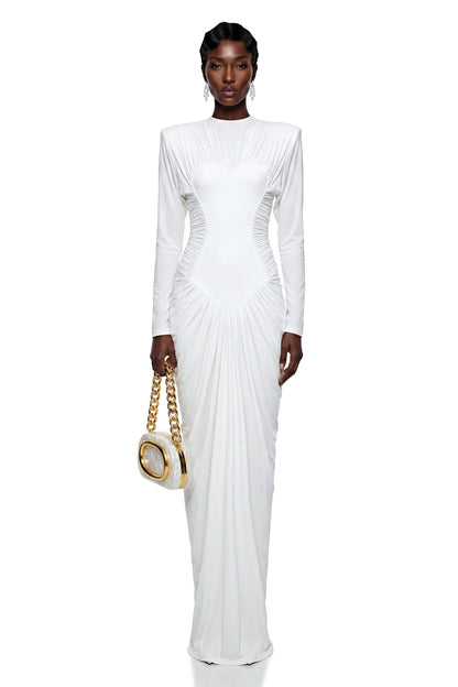 Genevra White Crystal Embellished Ruched Maxi Dress