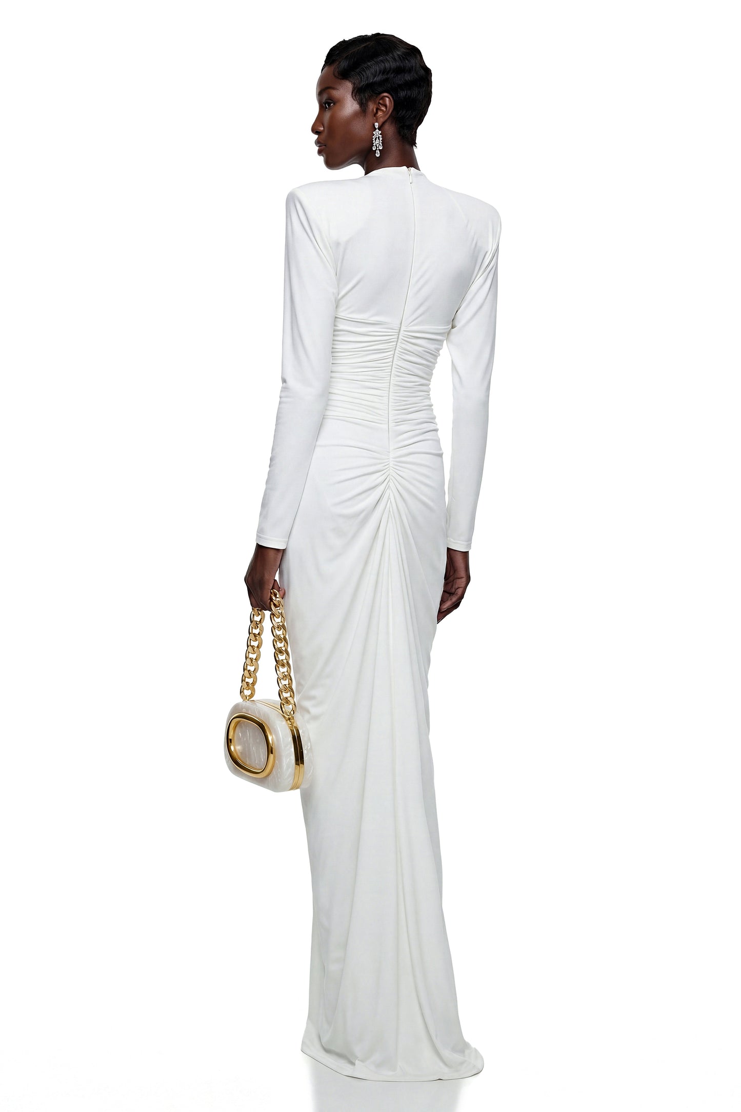 Genevra White Crystal Embellished Ruched Maxi Dress