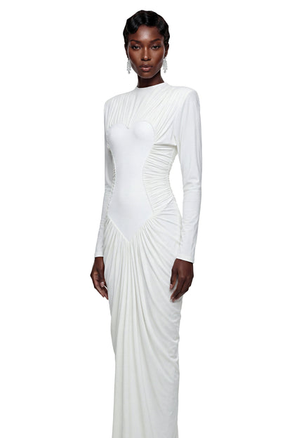 Genevra White Crystal Embellished Ruched Maxi Dress