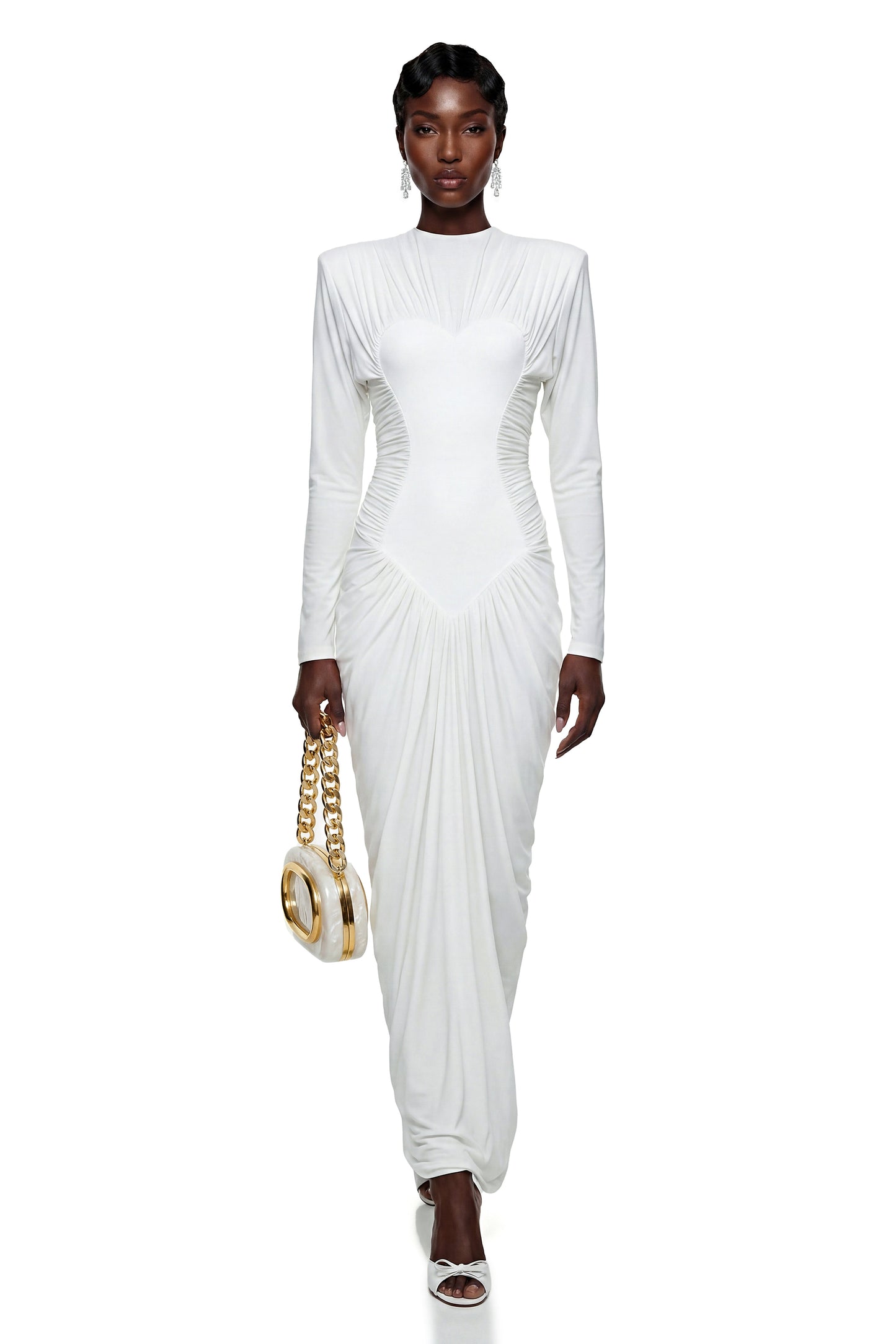 Genevra White Crystal Embellished Ruched Maxi Dress