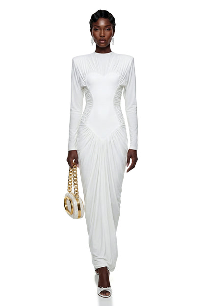 Genevra White Crystal Embellished Ruched Maxi Dress