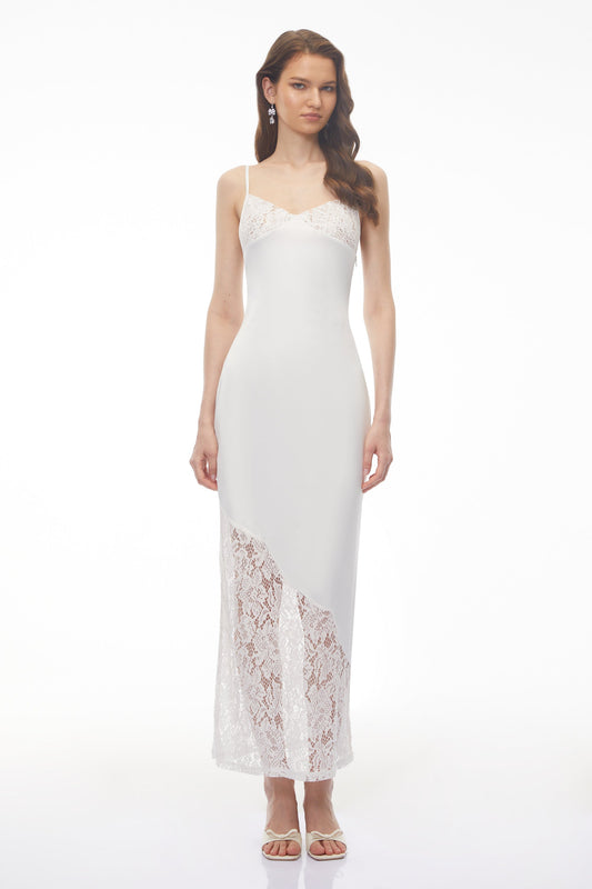 Georgia White V-neck Floral Lace Satin Panelled Maxi Dress
