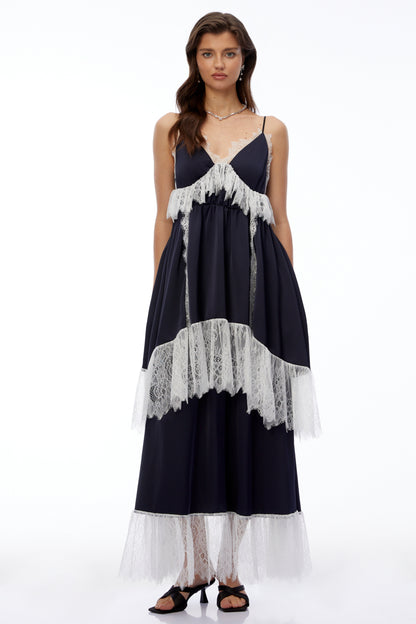Geraldine Navy Blue Ruffled Maxi Dress with Lace Trim