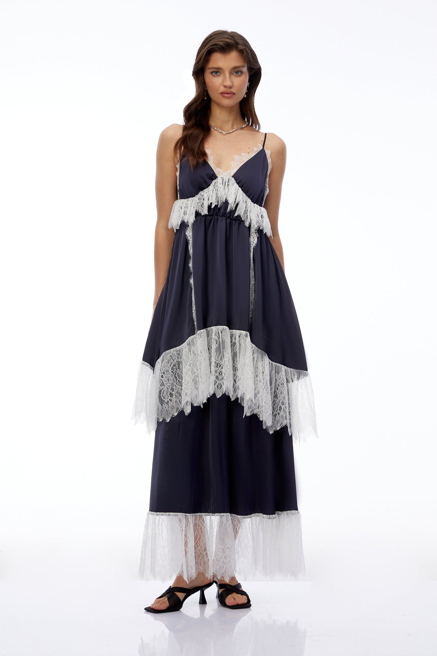 Geraldine Navy Blue Ruffled Maxi Dress with Lace Trim