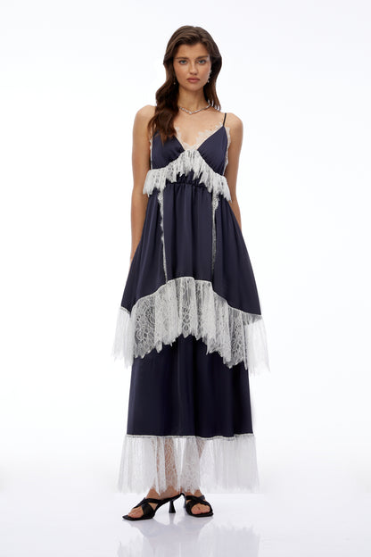 Geraldine Navy Blue Ruffled Maxi Dress with Lace Trim
