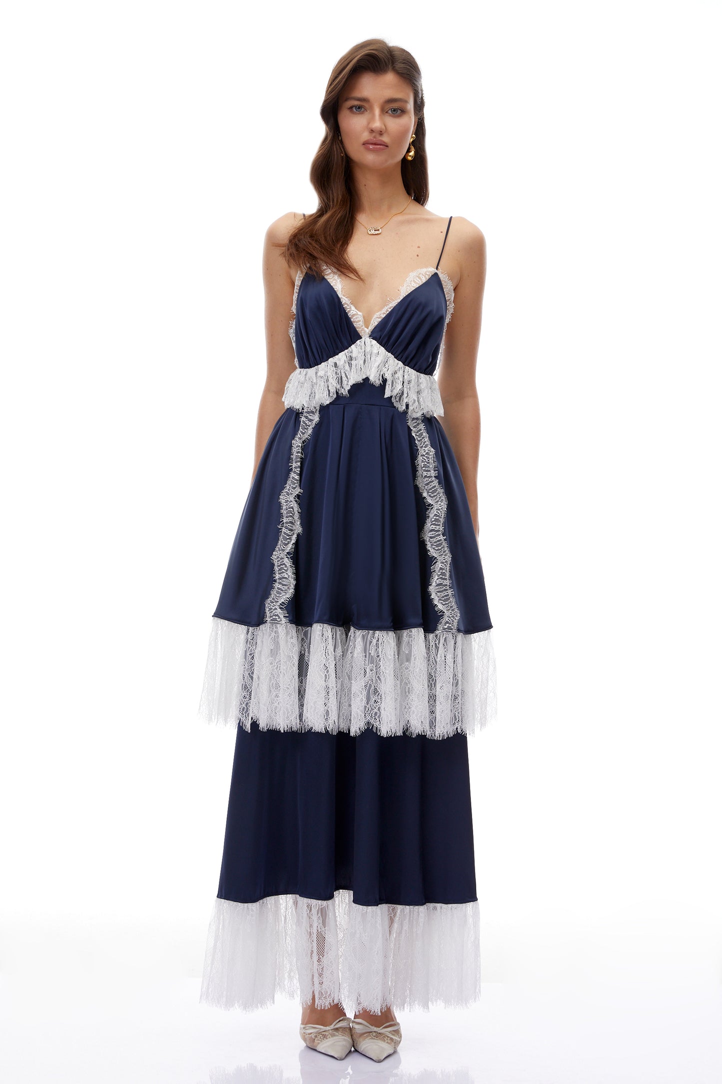Geraldine Navy Blue Ruffled Maxi Dress with Lace Trim