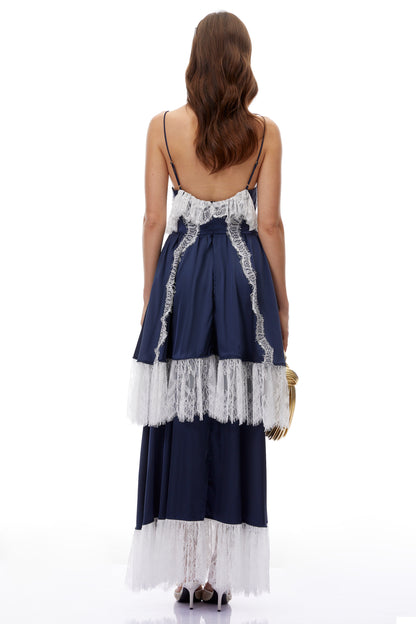 Geraldine Navy Blue Ruffled Maxi Dress with Lace Trim