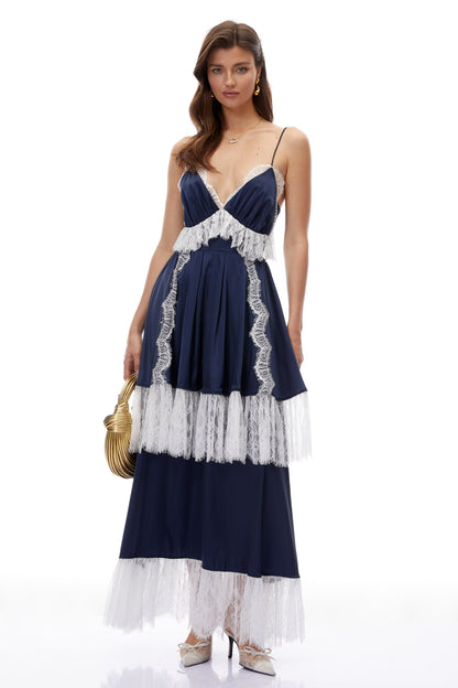 Geraldine Navy Blue Ruffled Maxi Dress with Lace Trim