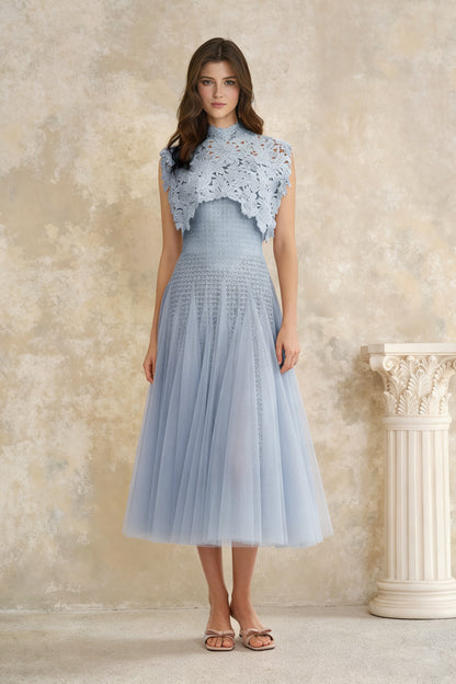 Margaret Blue Floral Crochet Midi Dress