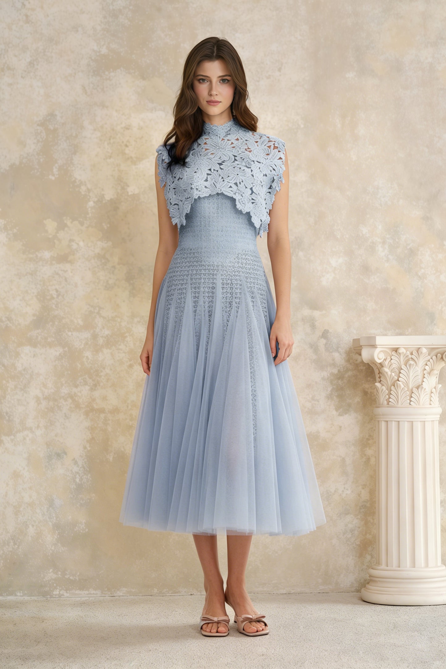 Margaret Blue Floral Crochet Midi Dress