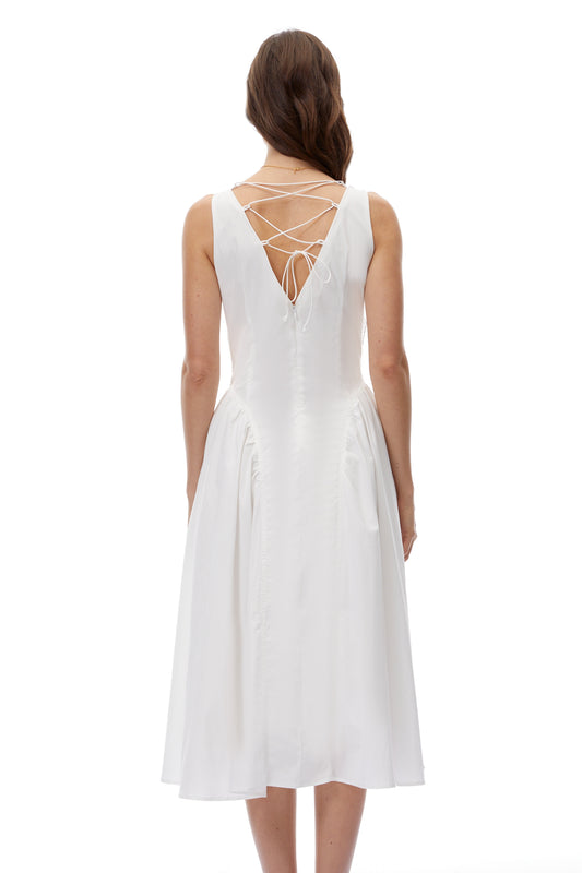 Gertrude White V-Neck Lace Midi Dress