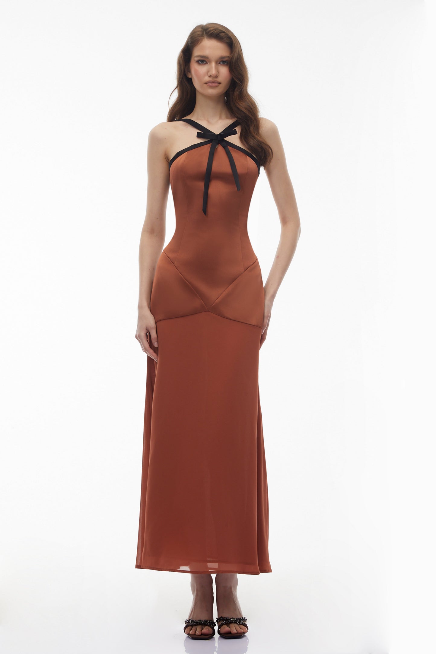 Ginevra Brown Halterneck Maxi Dress with Bow