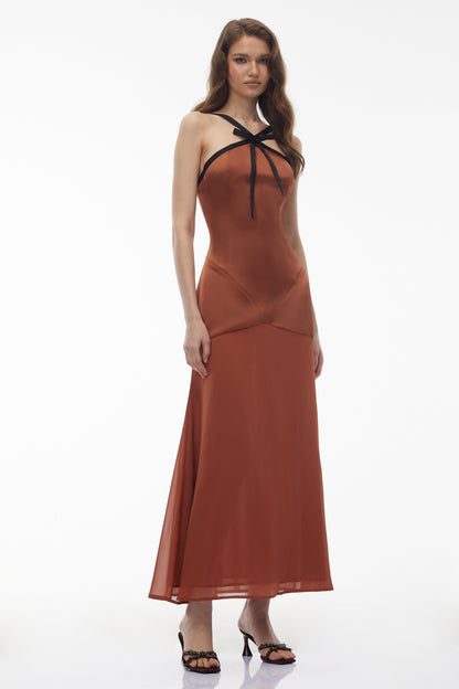 Ginevra Brown Halterneck Maxi Dress with Bow