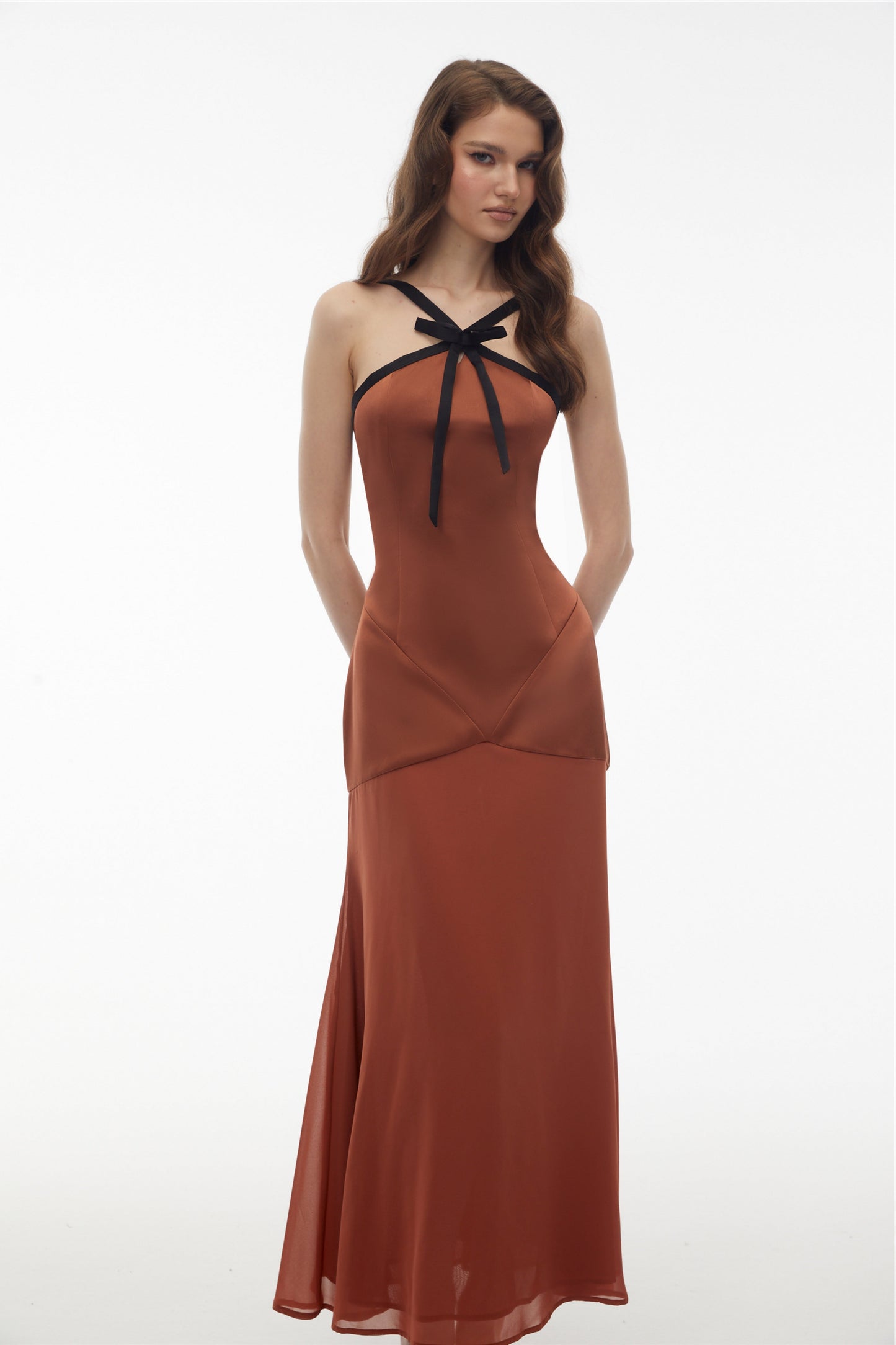Ginevra Brown Halterneck Maxi Dress with Bow