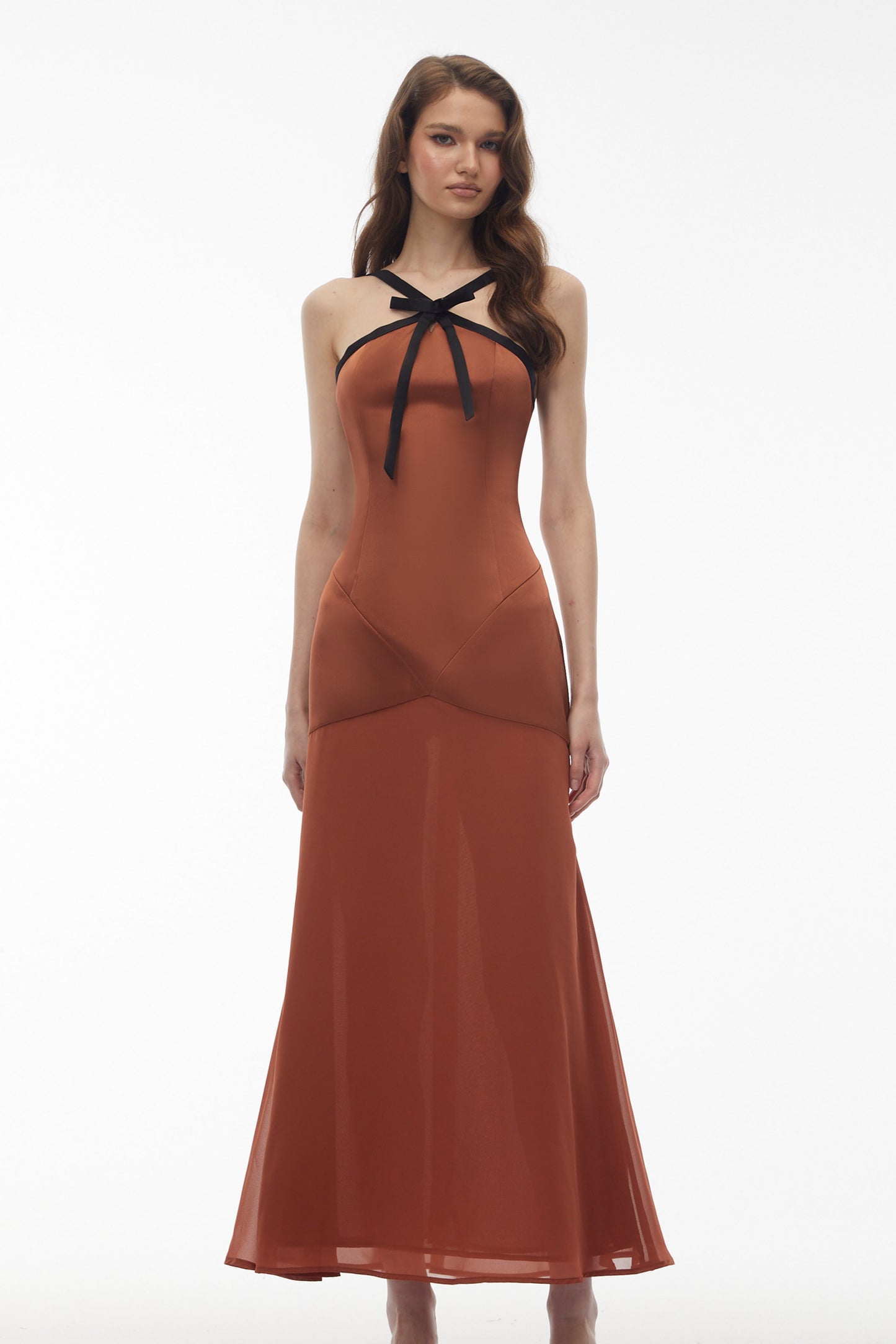 Ginevra Brown Halterneck Maxi Dress with Bow