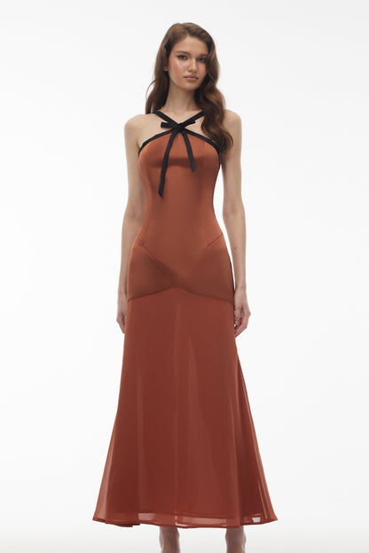 Ginevra Brown Halterneck Maxi Dress with Bow