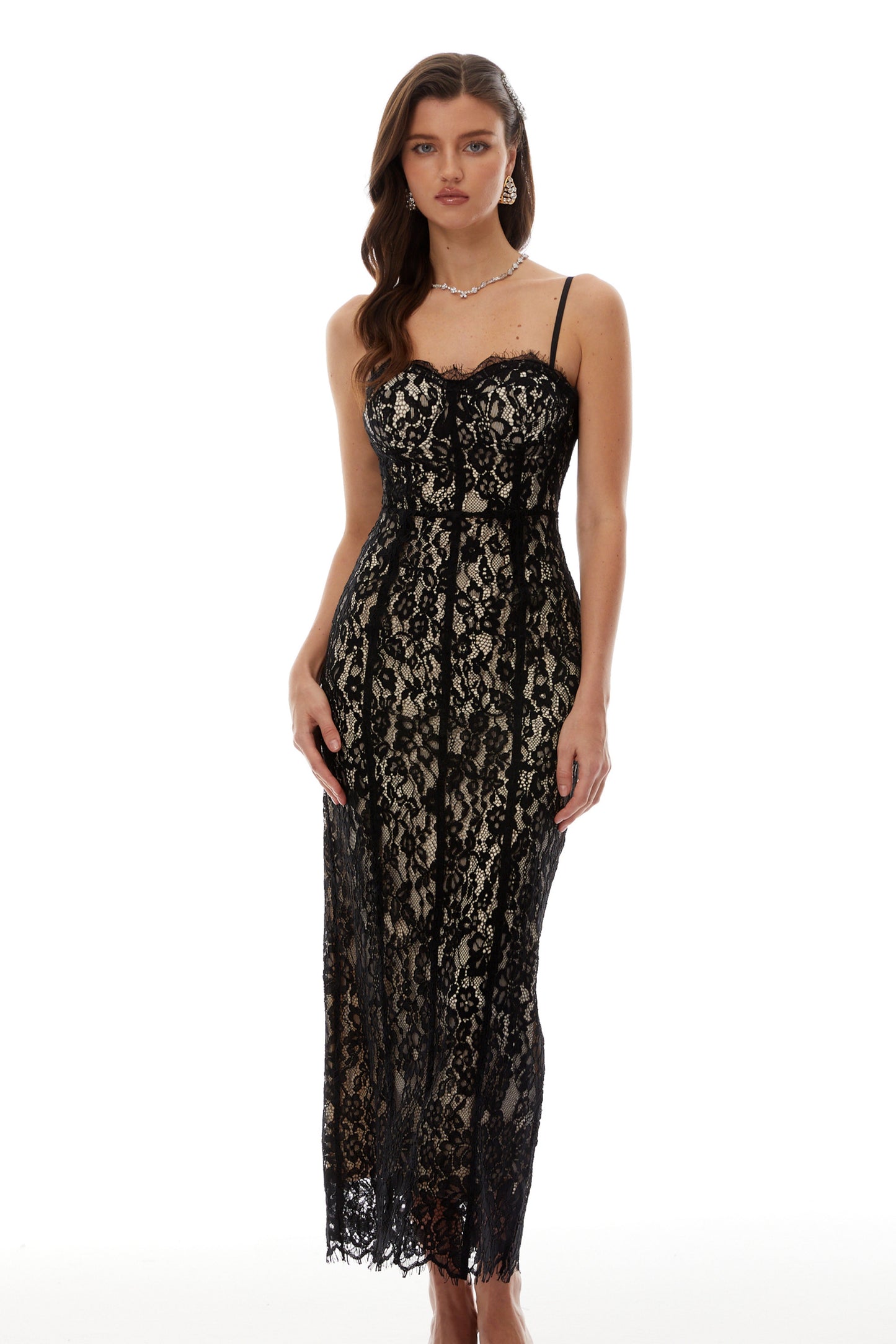 Giorgia Black Floral Lace Corset Maxi Dress