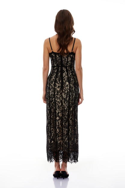Giorgia Black Floral Lace Corset Maxi Dress