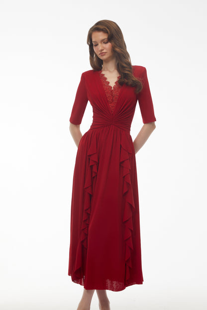 Giovanna Red V-Neck Ruched Midi Dress with Half Sleeves