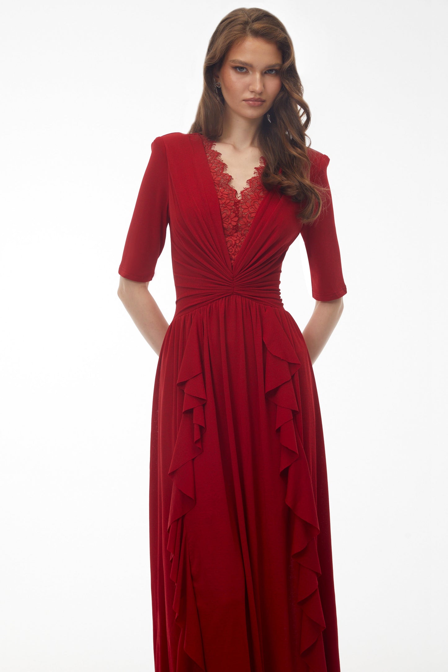 Giovanna Red V-Neck Ruched Midi Dress with Half Sleeves