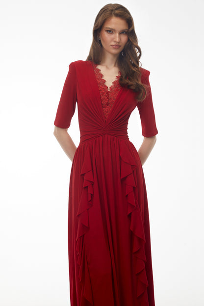 Giovanna Red V-Neck Ruched Midi Dress with Half Sleeves