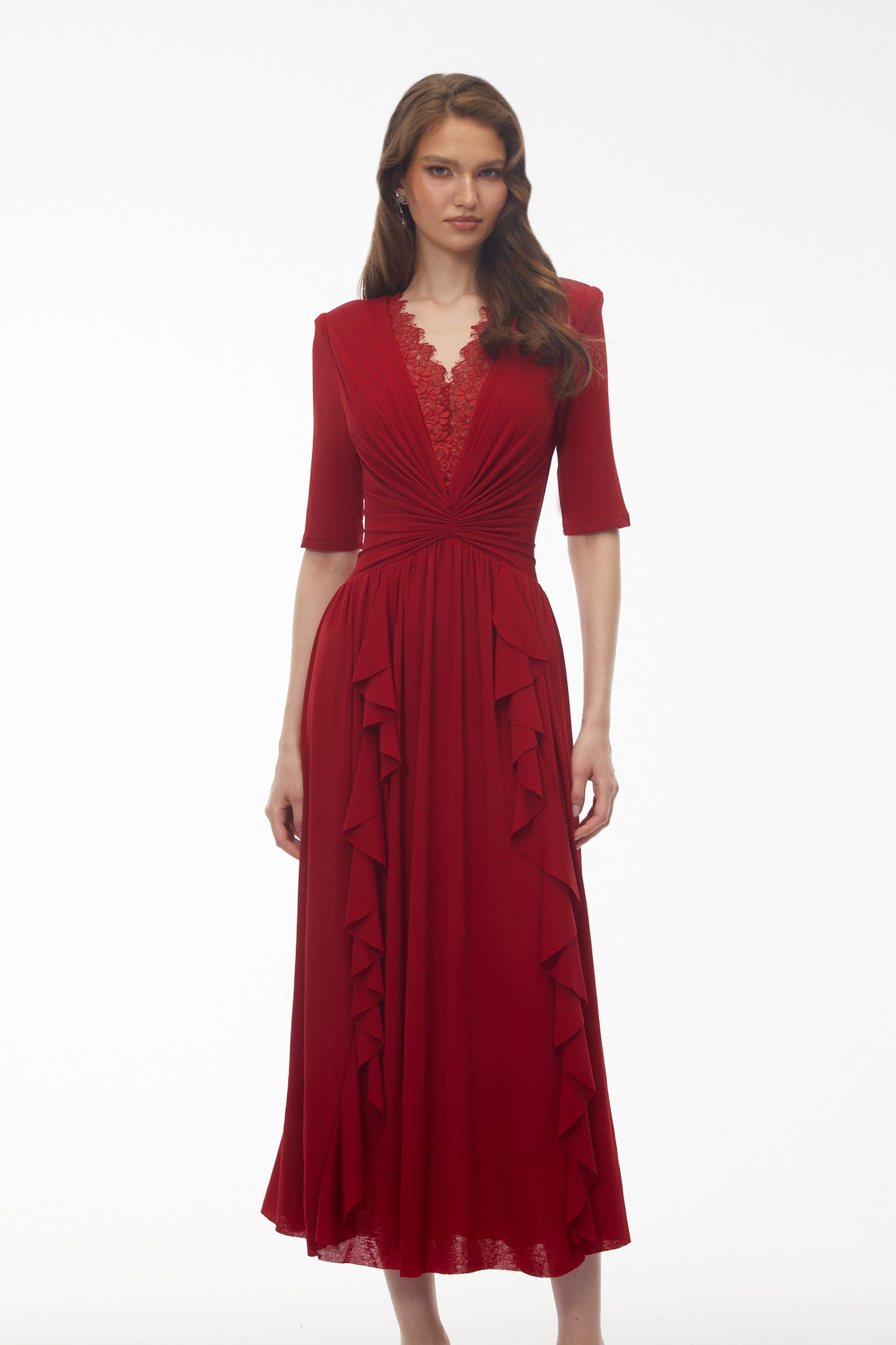 Giovanna Red V-Neck Ruched Midi Dress with Half Sleeves