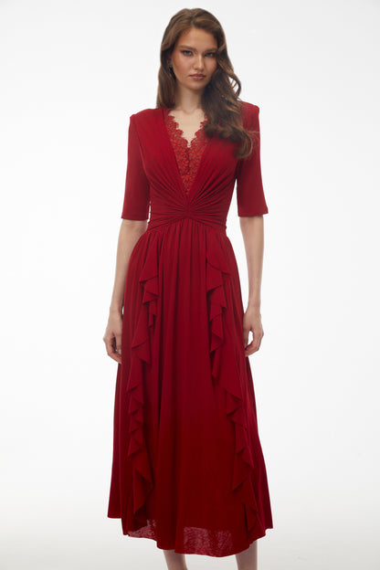Giovanna Red V-Neck Ruched Midi Dress with Half Sleeves