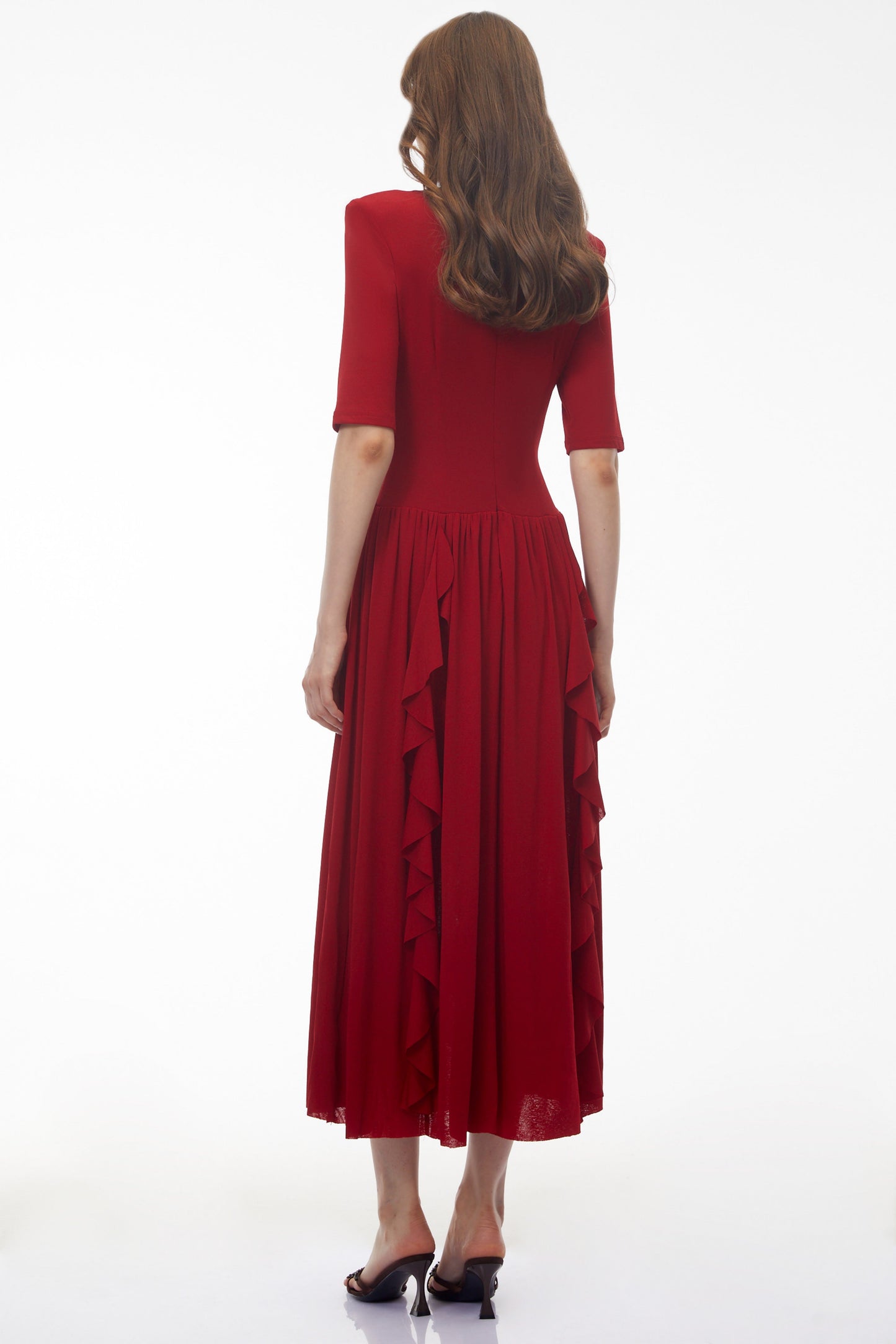 Giovanna Red V-Neck Ruched Midi Dress with Half Sleeves