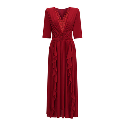 Giovanna Red V-Neck Ruched Midi Dress with Half Sleeves