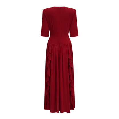 Giovanna Red V-Neck Ruched Midi Dress with Half Sleeves