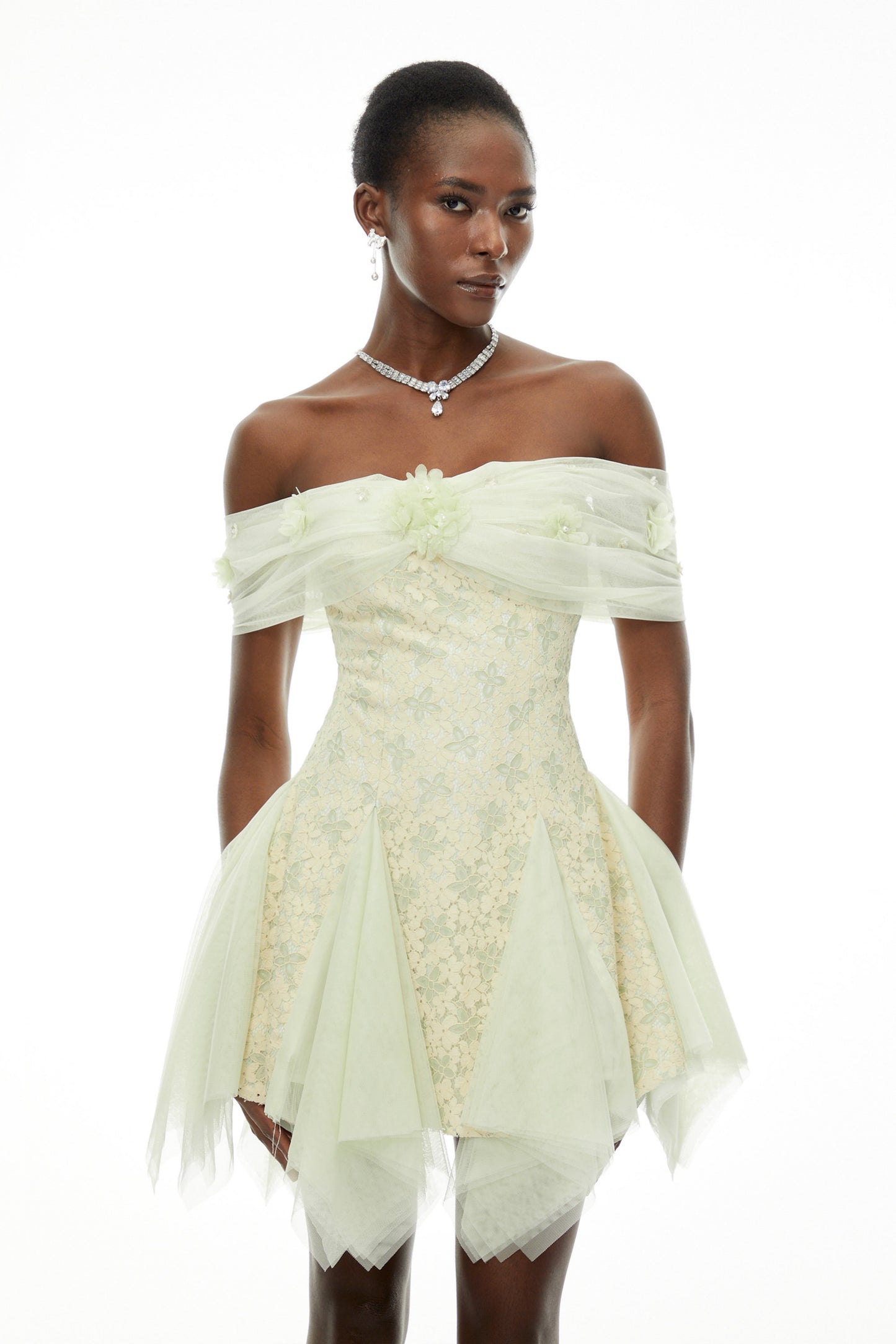 Giselle Green Off Shoulder Butterfly Print Mini Dress