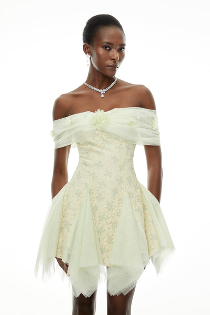 Giselle Green Off Shoulder Butterfly Print Mini Dress