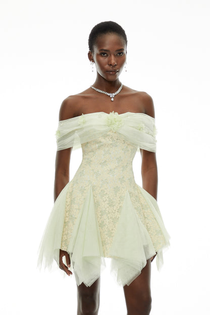 Giselle Green Off Shoulder Butterfly Print Mini Dress