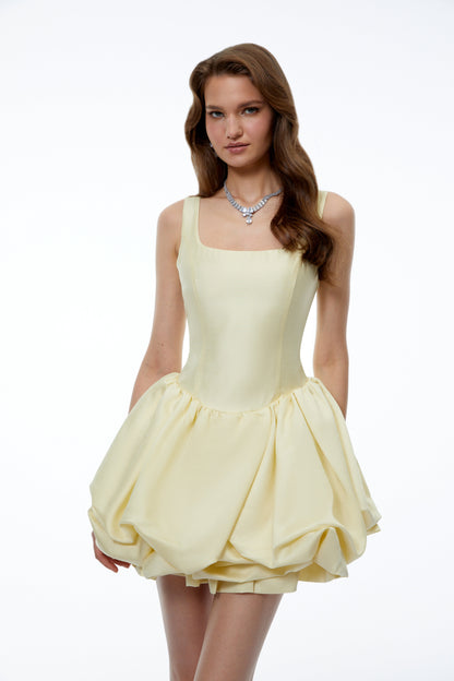 Giselle Yellow Square Neck Tiered Mini Dress