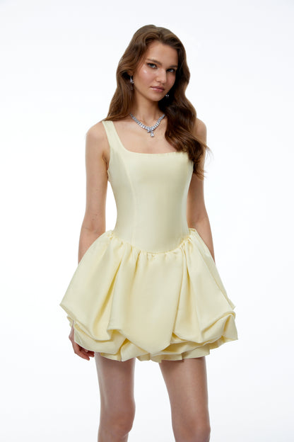 Giselle Yellow Square Neck Tiered Mini Dress