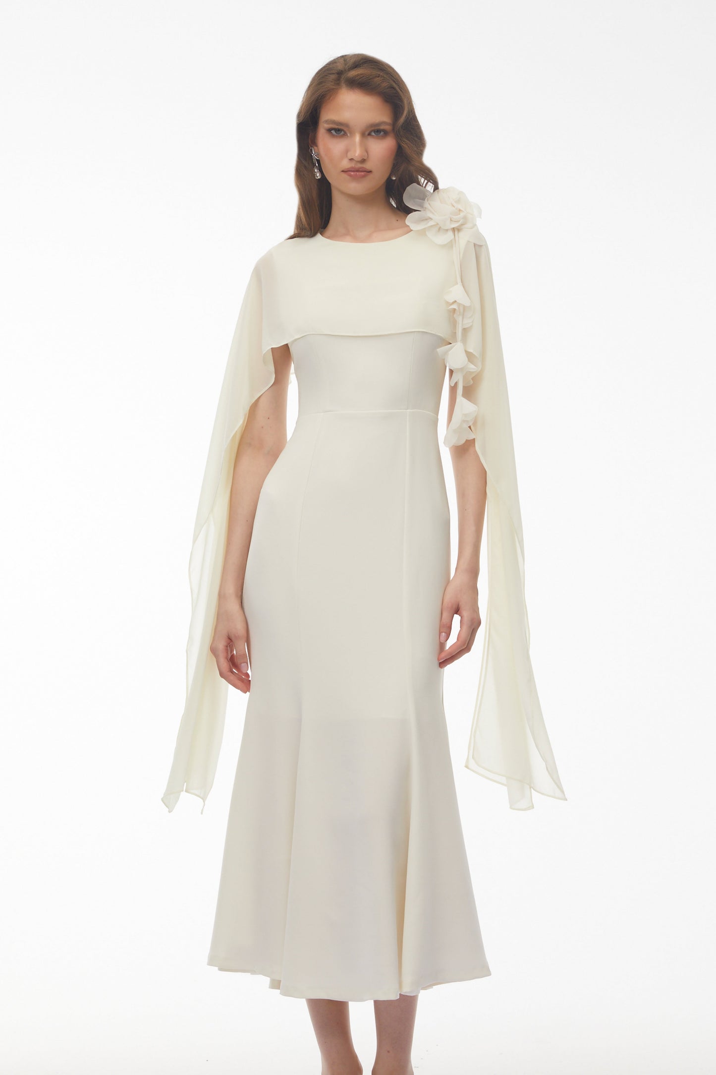 Giuliana White Midi Dress with Cape Sleeves and 3D Florals
