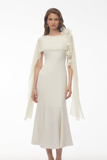 Giuliana White Midi Dress with Cape Sleeves and 3D Florals