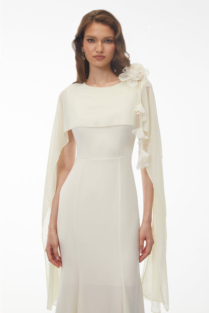 Giuliana White Midi Dress with Cape Sleeves and 3D Florals