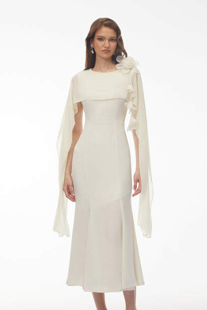 Giuliana White Midi Dress with Cape Sleeves and 3D Florals