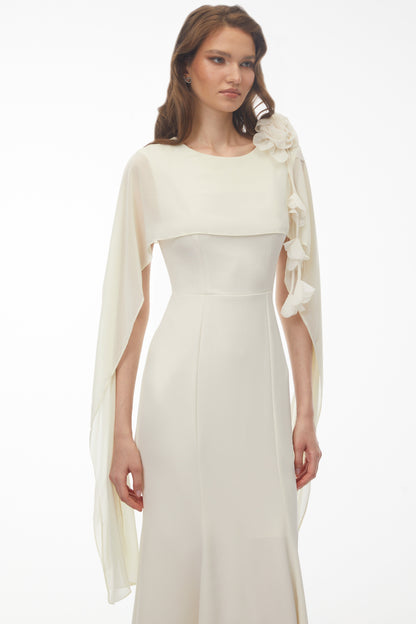 Giuliana White Midi Dress with Cape Sleeves and 3D Florals