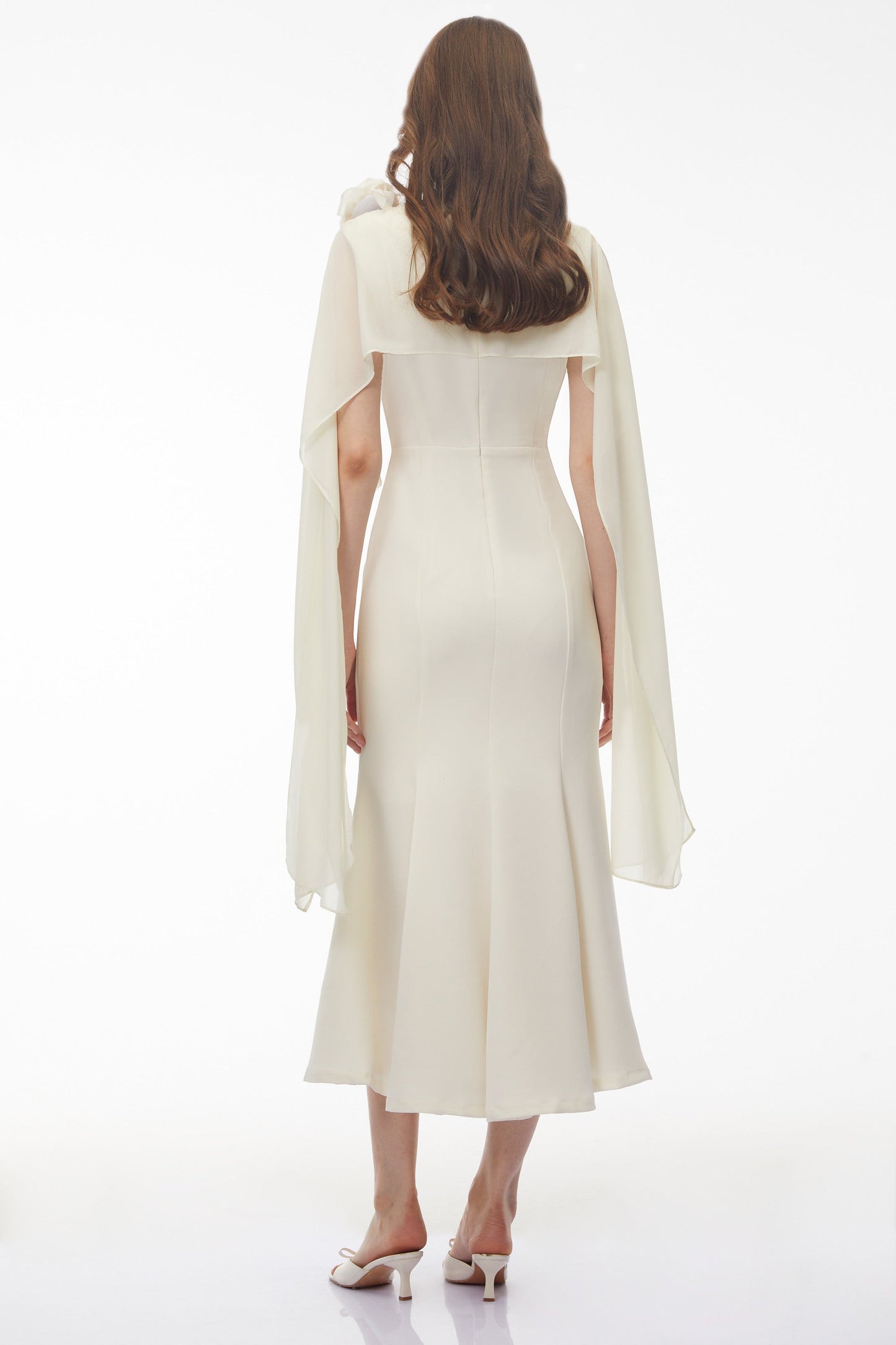 Giuliana White Midi Dress with Cape Sleeves and 3D Florals